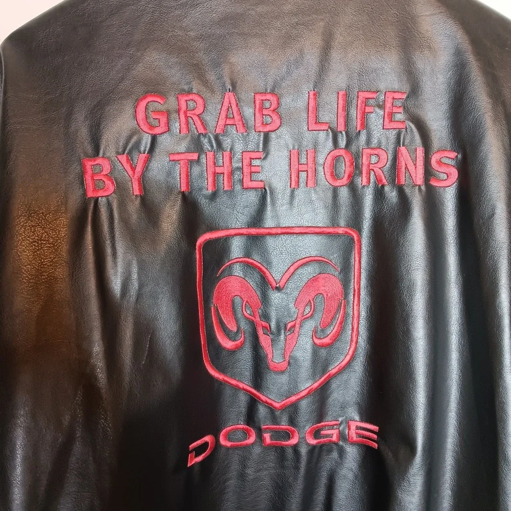 VTG Y2K Dodge Ram Faux Leather Bomber Jacket XL Black Red Embroidered Streetwear